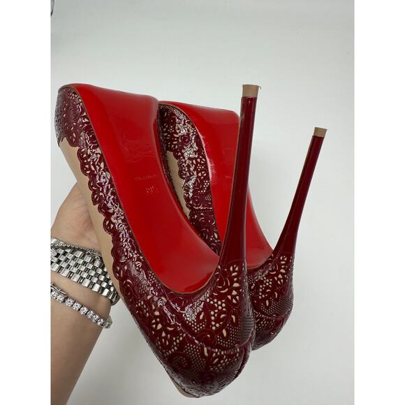 Christian Louboutin Leather Floral Trim Patent Veramucha Pumps Red Size 39.5 - Picture 12 of 16